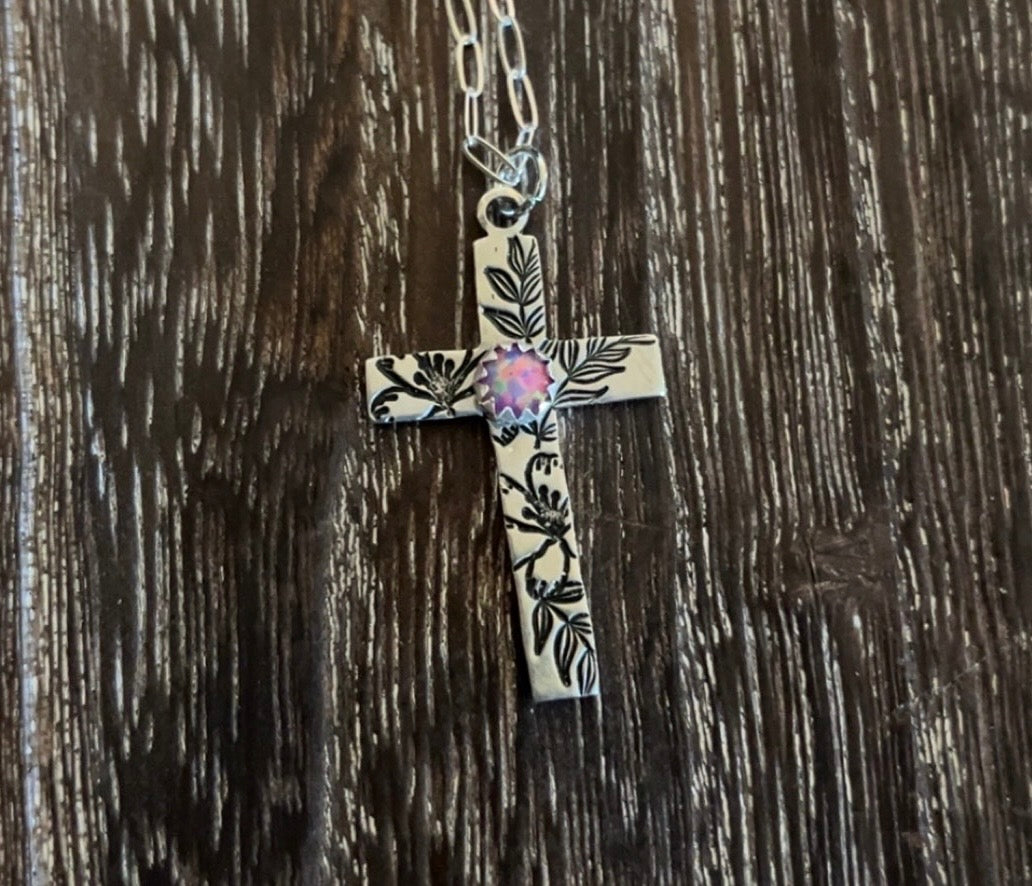 Cross Necklace - purple opal