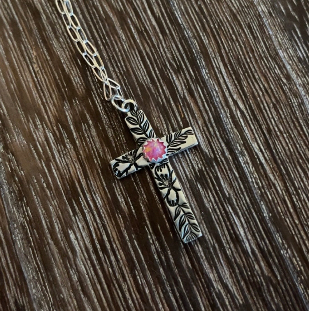 Cross Necklace- Pink opal